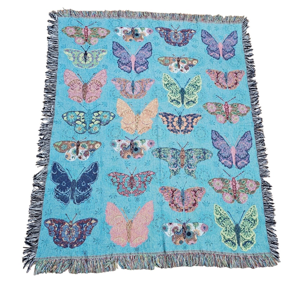 Butterflies & Moths Woven Throw, Teal & Multicolor, Cotton, 49 x 59